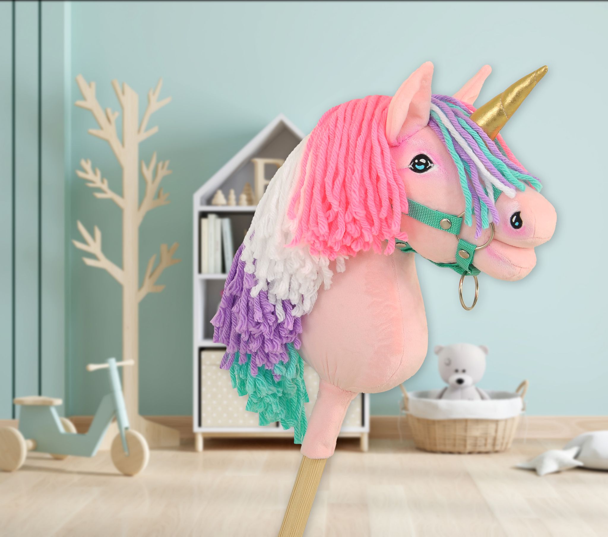 Hobby Horse Unicorn on a stick - pink with coloured mane and golden horn A4