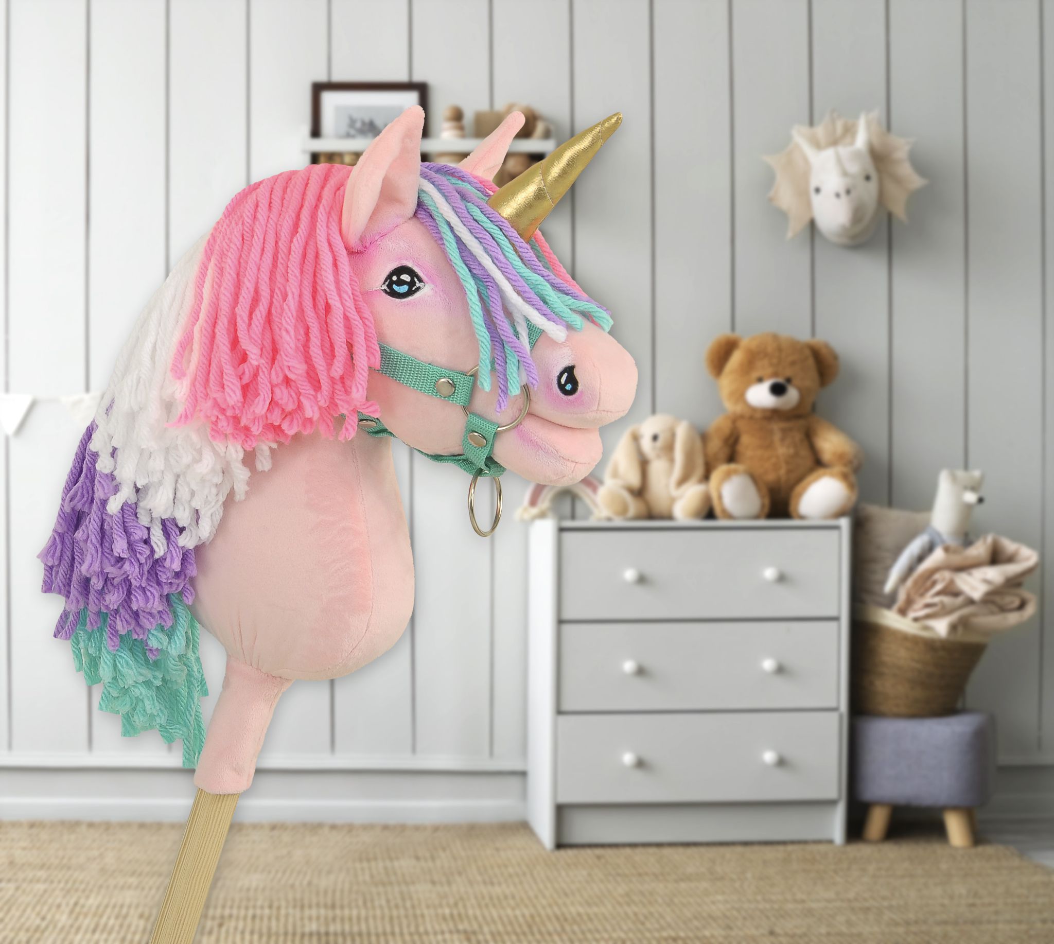 Hobby Horse Unicorn on a stick - pink with coloured mane and golden horn A4