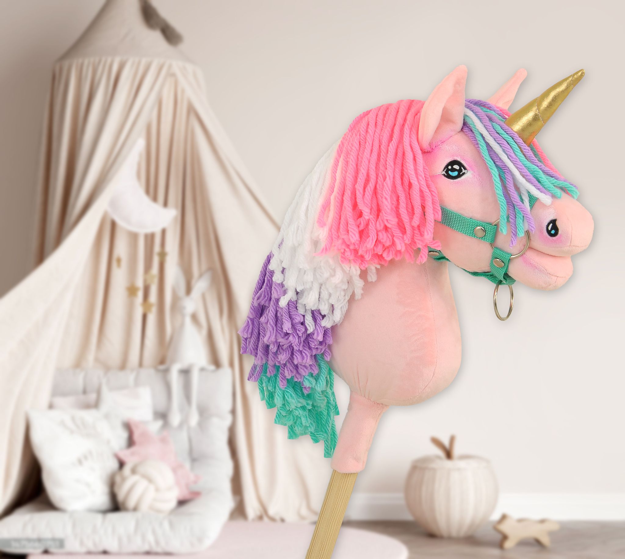 Hobby Horse Unicorn on a stick - pink with coloured mane and golden horn A4