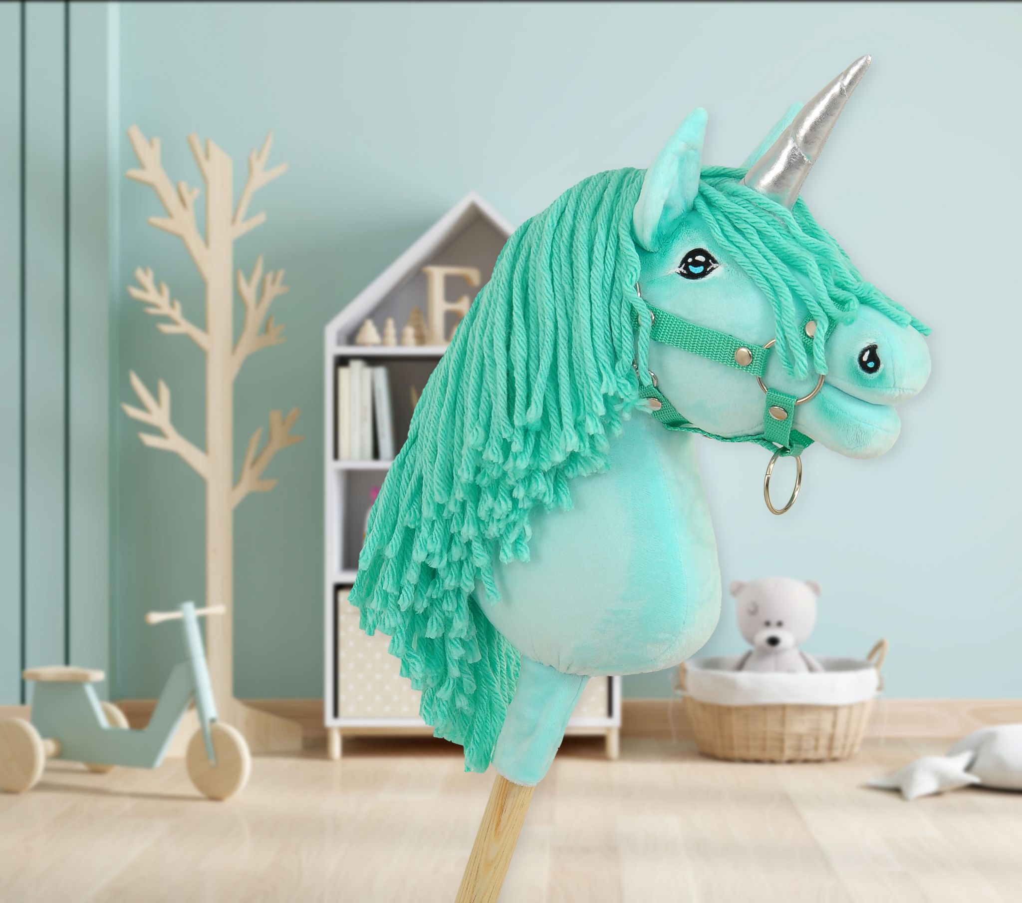 Hobby Horse Unicorn on a stick - mint with mint mane and silver horn A4