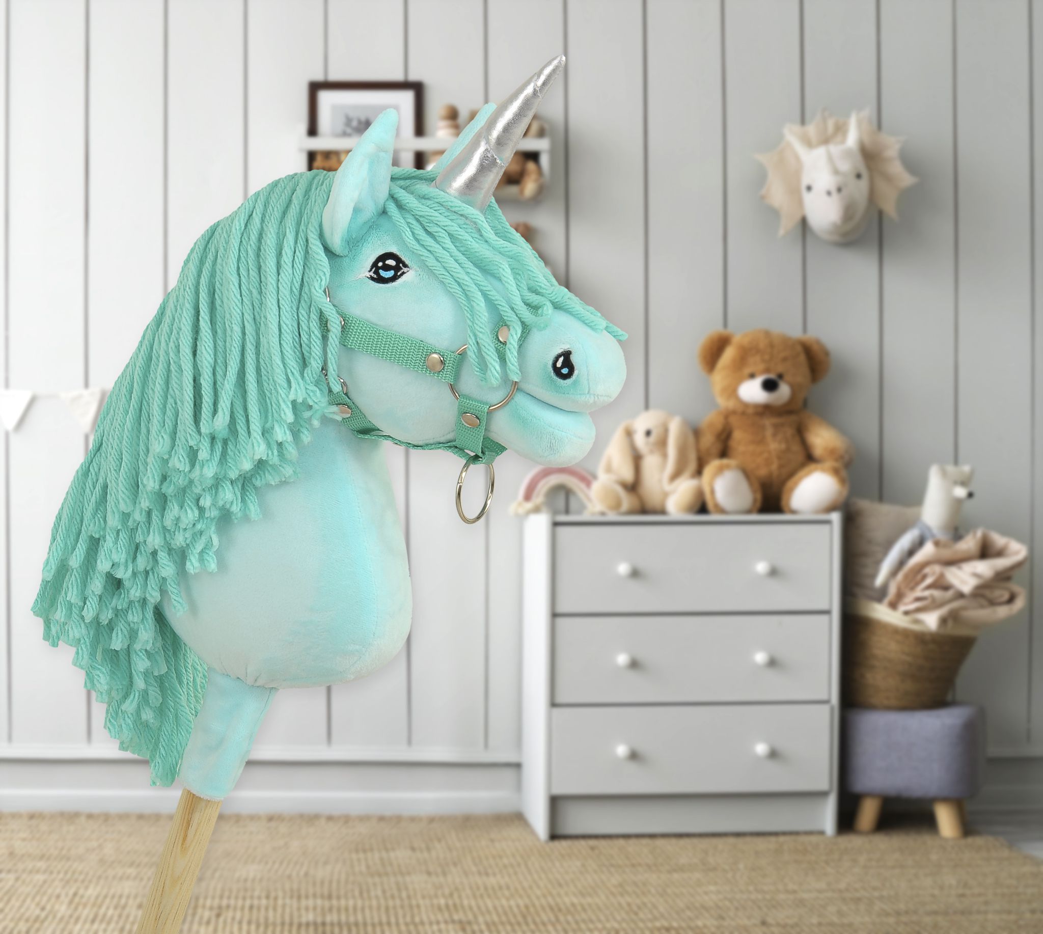 Hobby Horse Unicorn on a stick - mint with mint mane and silver horn A4