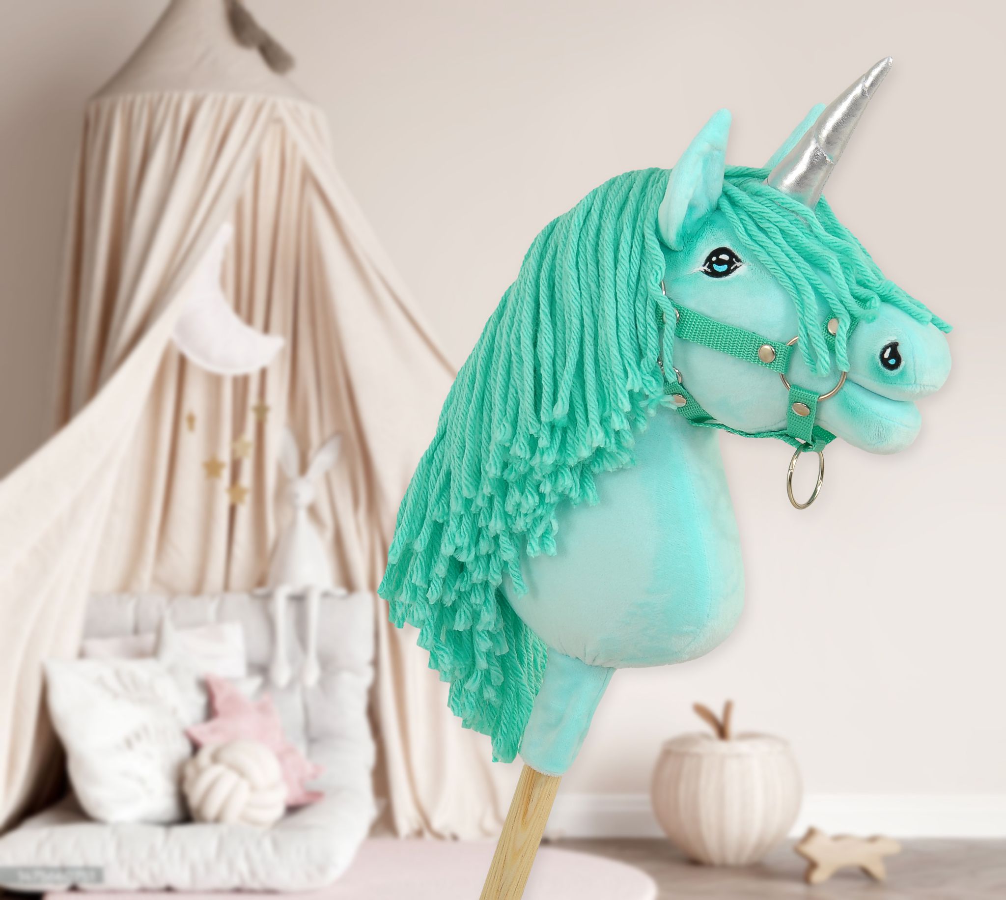 Hobby Horse Unicorn on a stick - mint with mint mane and silver horn A4