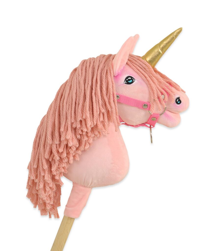 Hobby Horse Unicorn on a stick - pink with pink mane and golden horn A4