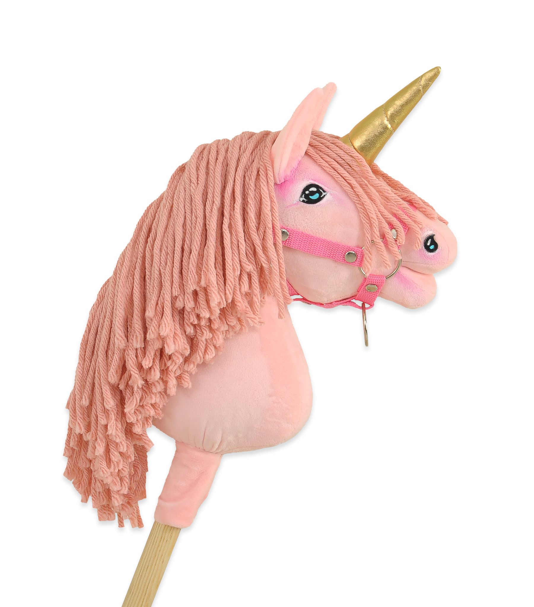 Hobby Horse Unicorn on a stick - pink with pink mane and golden horn A4
