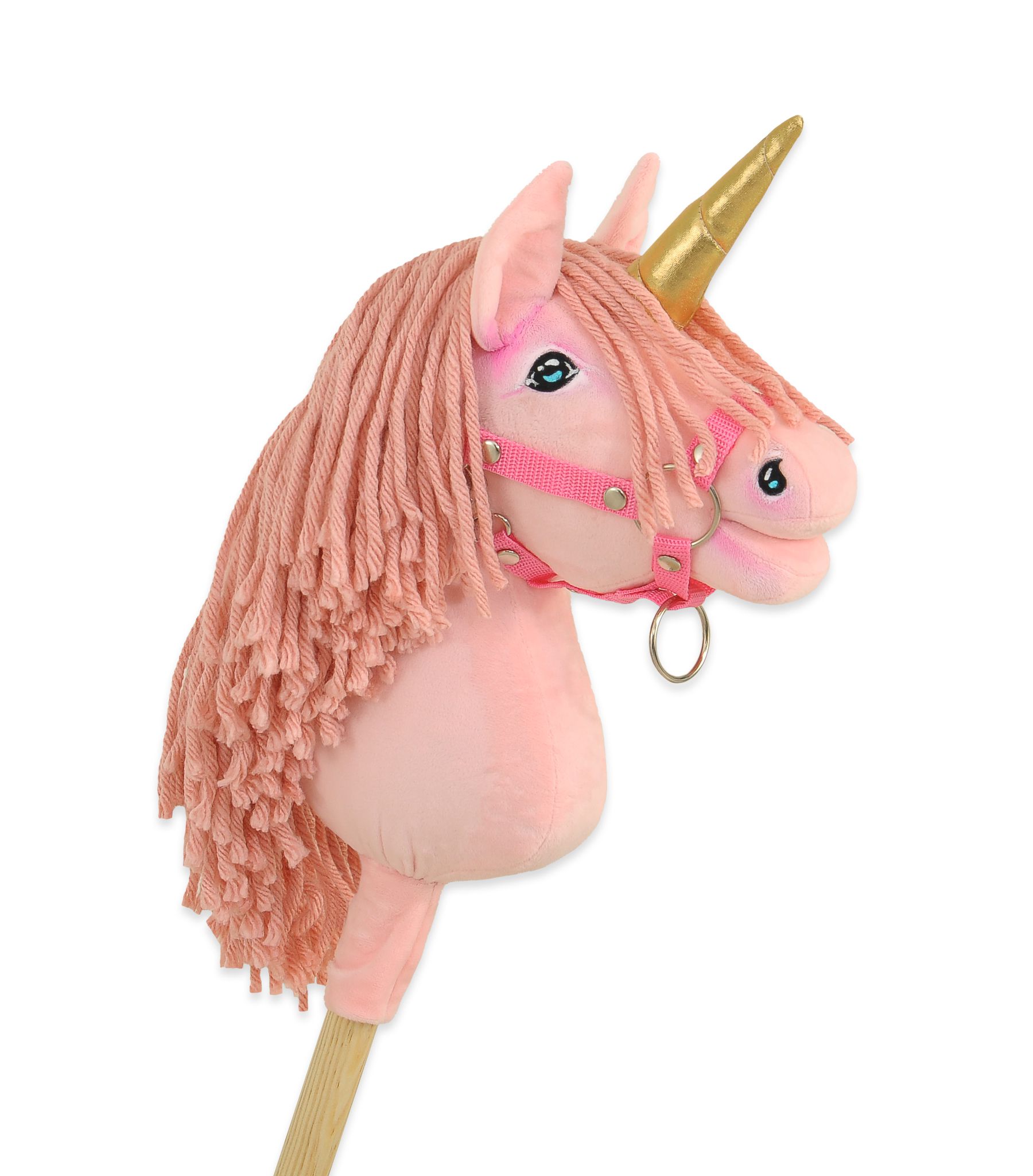 Hobby Horse Unicorn on a stick - pink with pink mane and golden horn A4