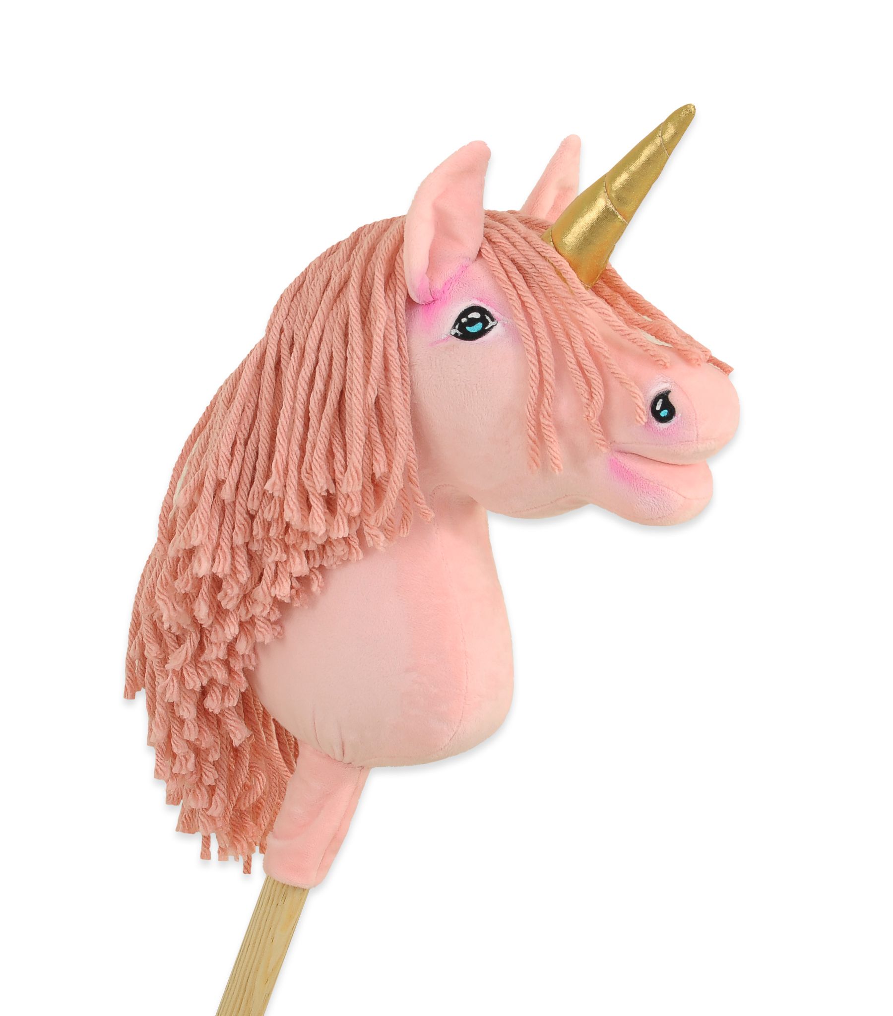 Hobby Horse Unicorn on a stick - pink with pink mane and golden horn A4