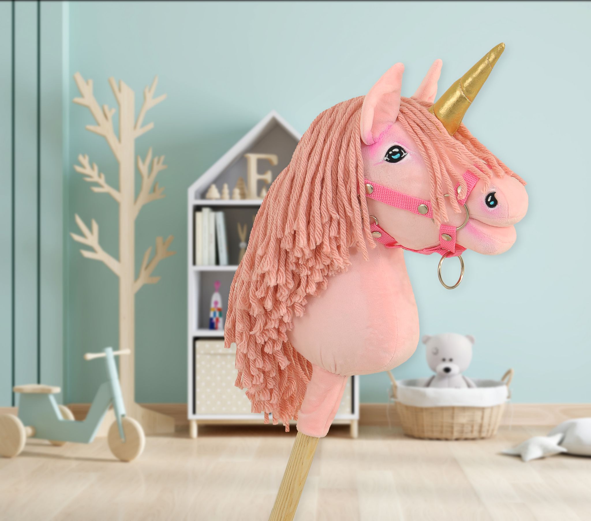 Hobby Horse Unicorn on a stick - pink with pink mane and golden horn A4