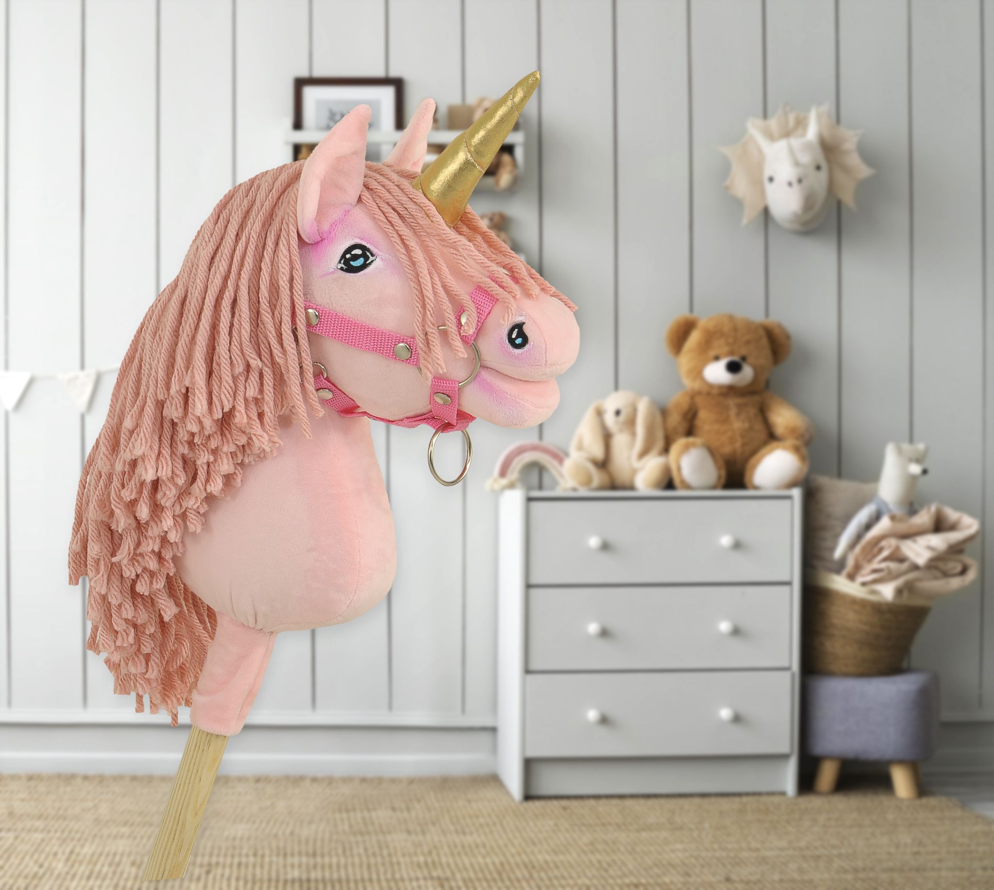 Hobby Horse Unicorn on a stick - pink with pink mane and golden horn A4