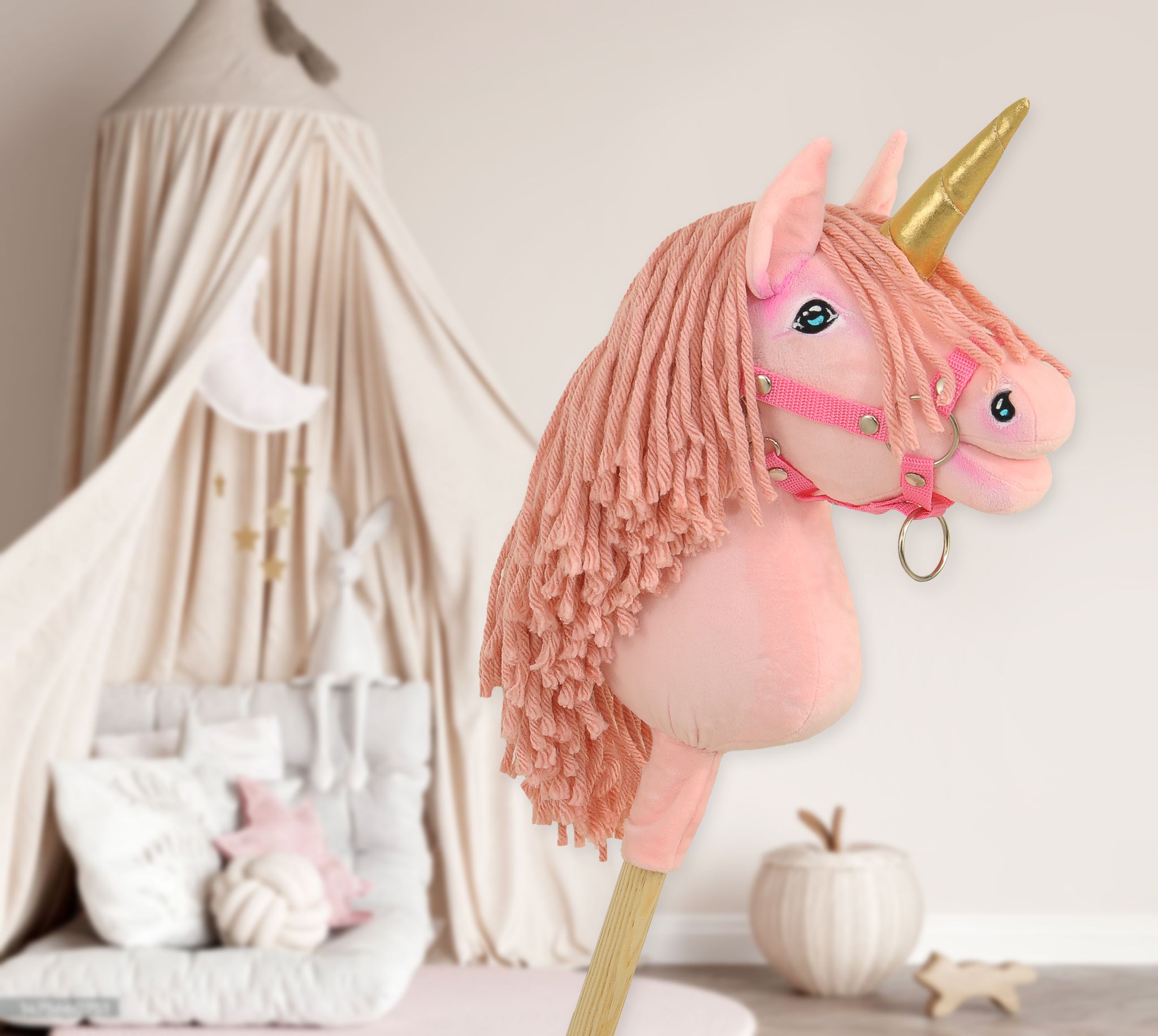 Hobby Horse Unicorn on a stick - pink with pink mane and golden horn A4