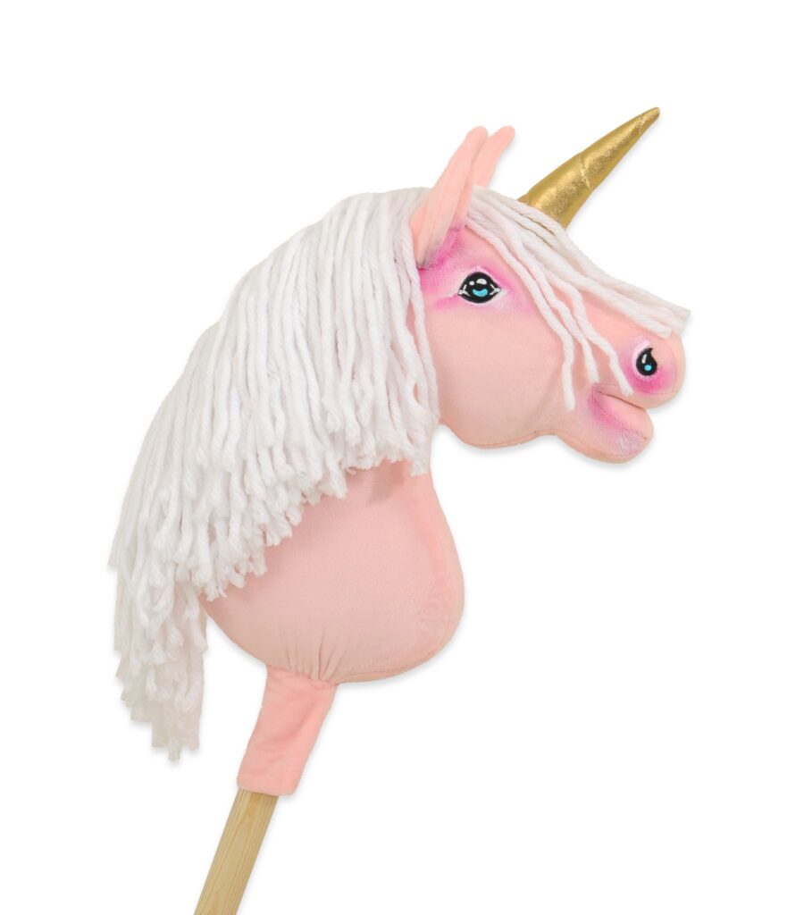 Hobby Horse Unicorn on a stick - pink with white mane and golden horn A4