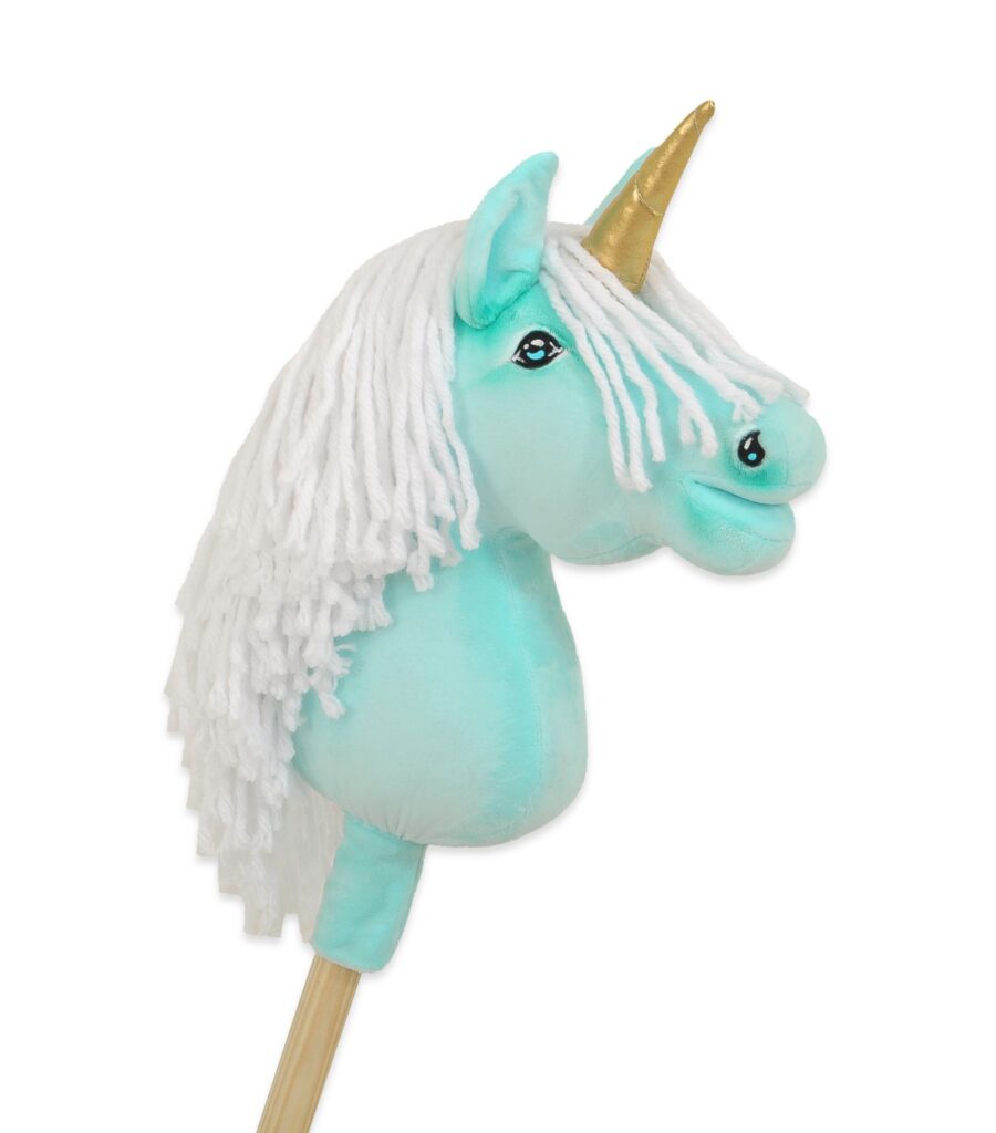 Hobby Horse Unicorn on a stick - mint with white mane and golden horn A4