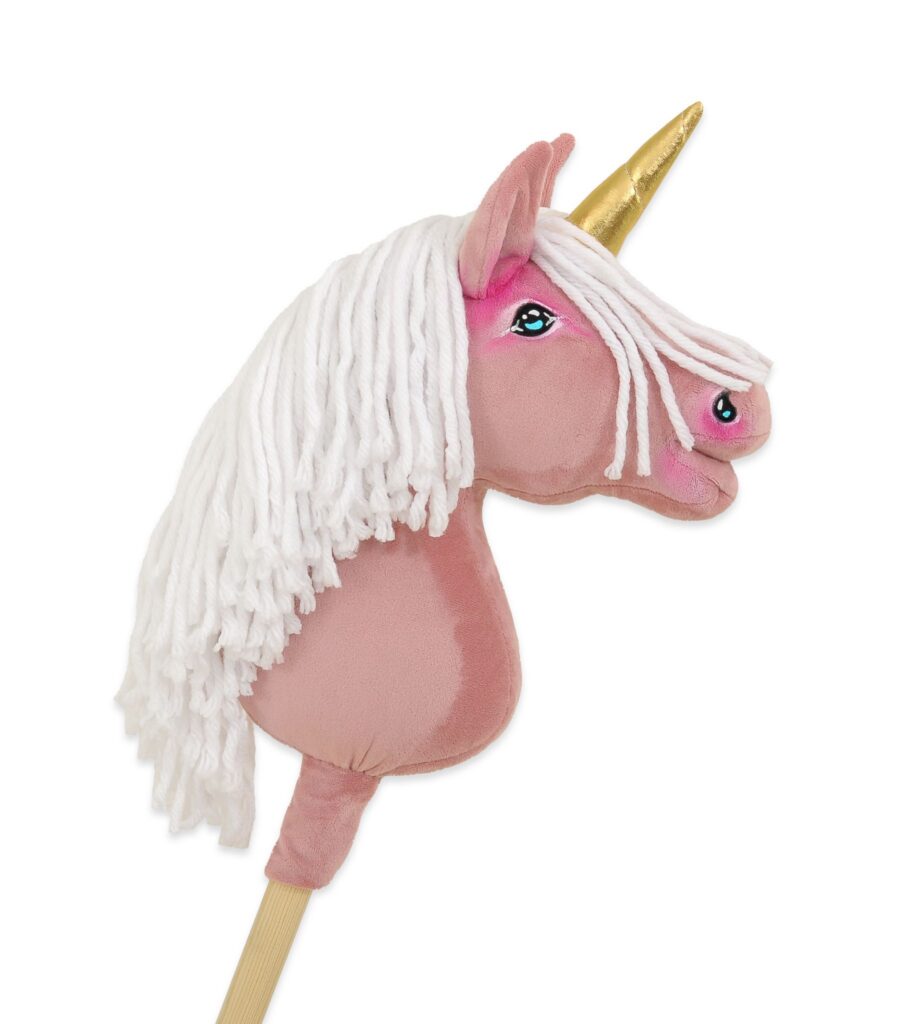 Hobby Horse Unicorn on a stick - pastel pink with white mane and golden horn A4