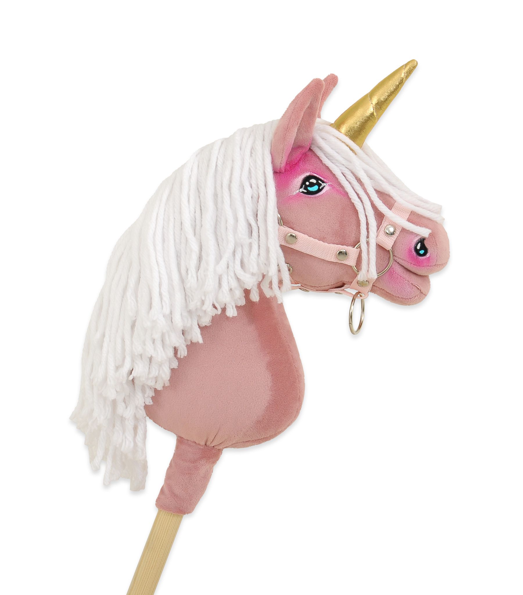 Hobby Horse Unicorn on a stick - pastel pink with white mane and golden horn A4