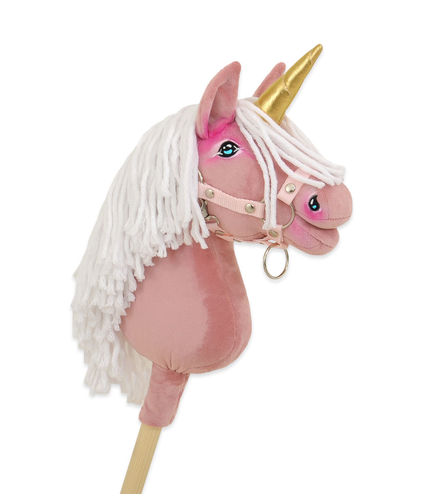 Hobby Horse Unicorn on a stick - pastel pink with white mane and golden horn A4