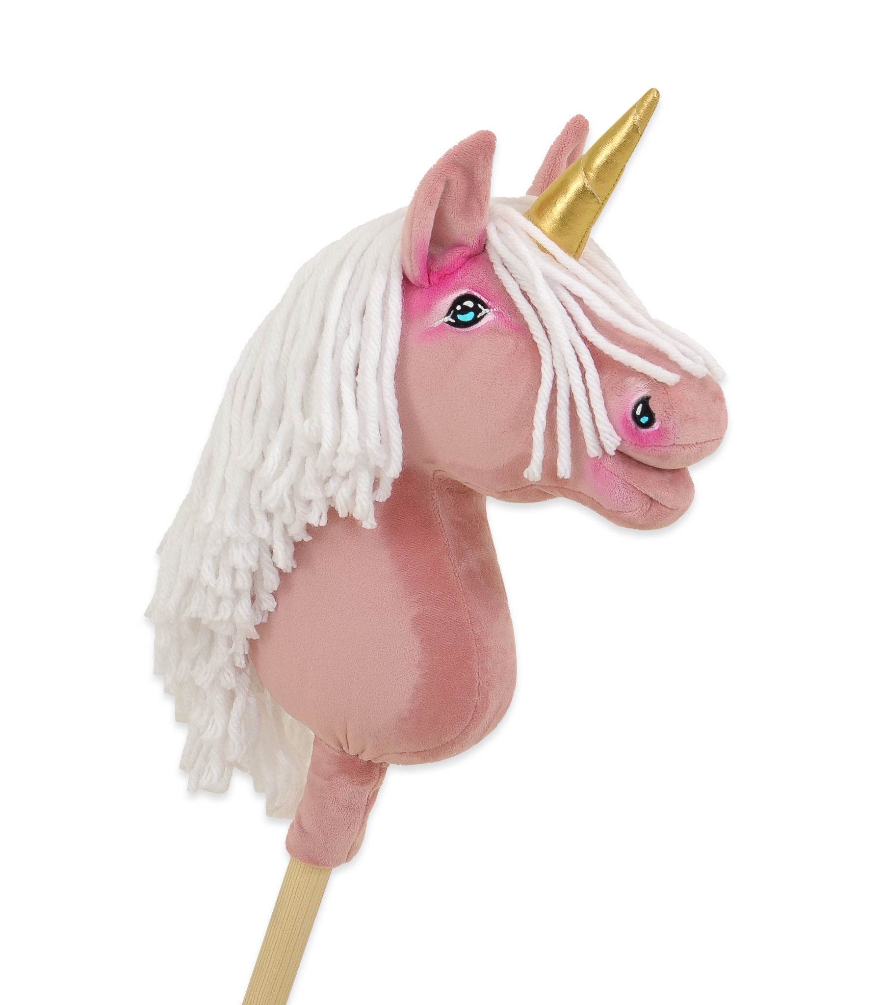 Hobby Horse Unicorn on a stick - pastel pink with white mane and golden horn A4
