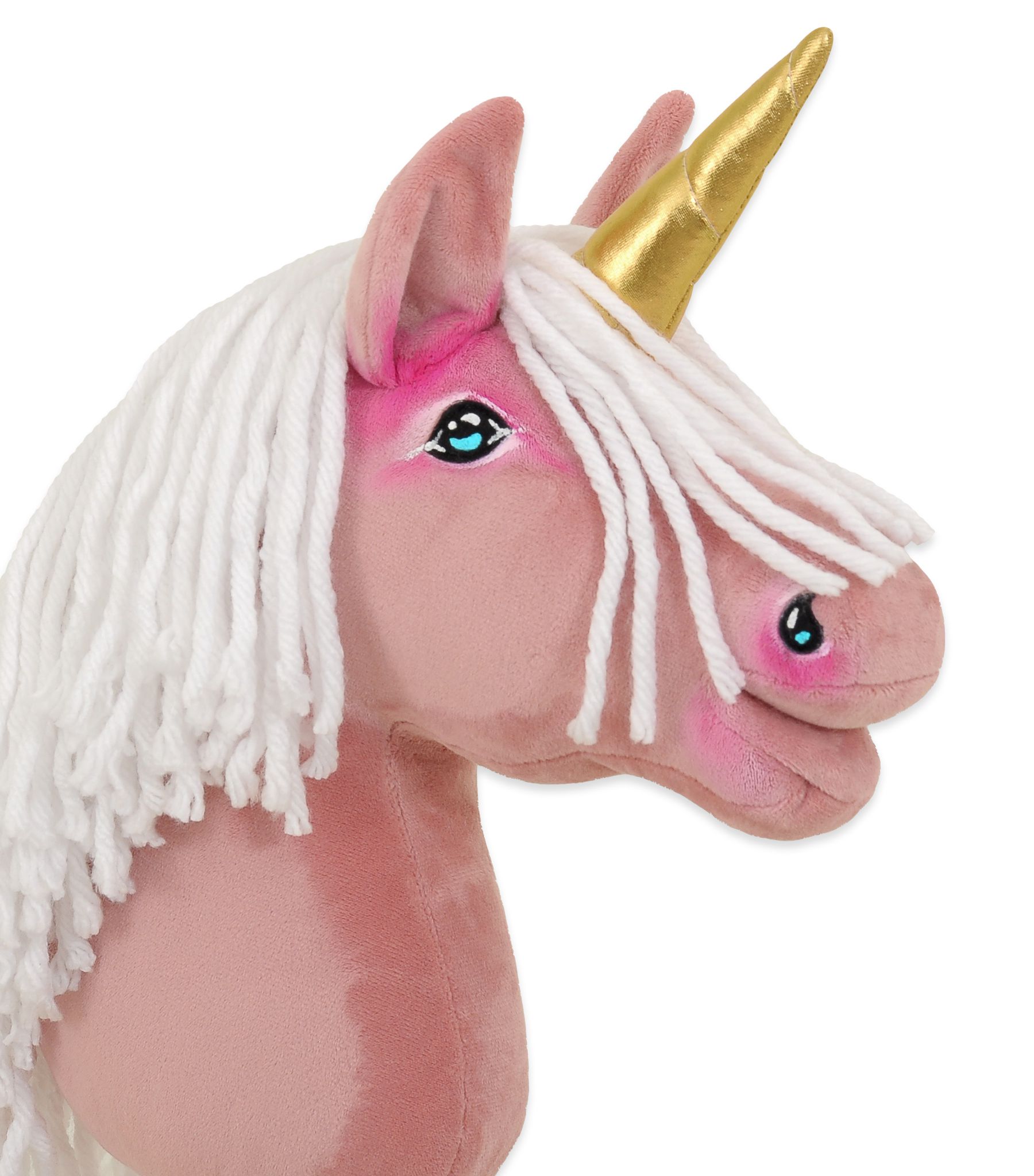 Hobby Horse Unicorn on a stick - pastel pink with white mane and golden horn A4