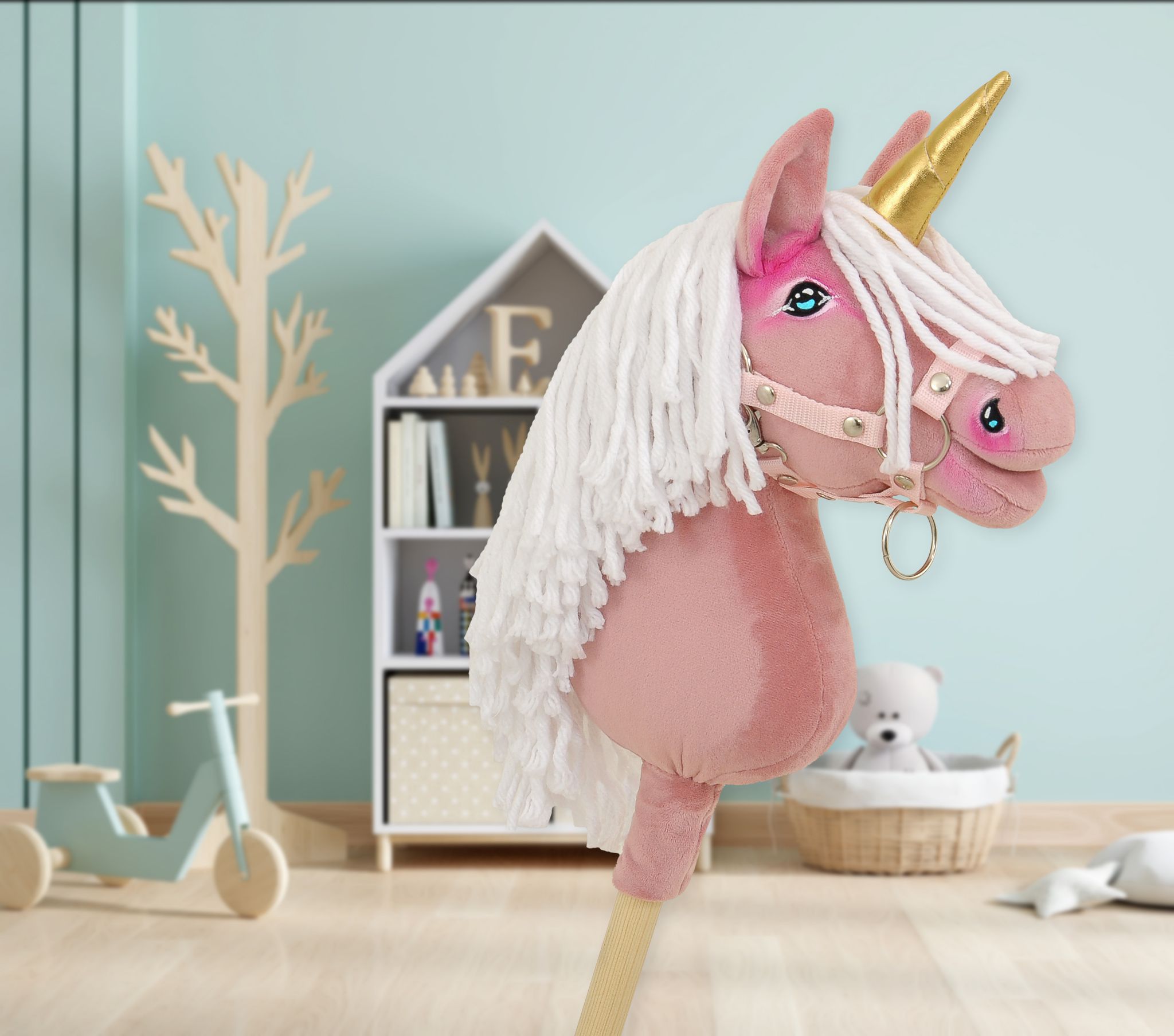 Hobby Horse Unicorn on a stick - pastel pink with white mane and golden horn A4