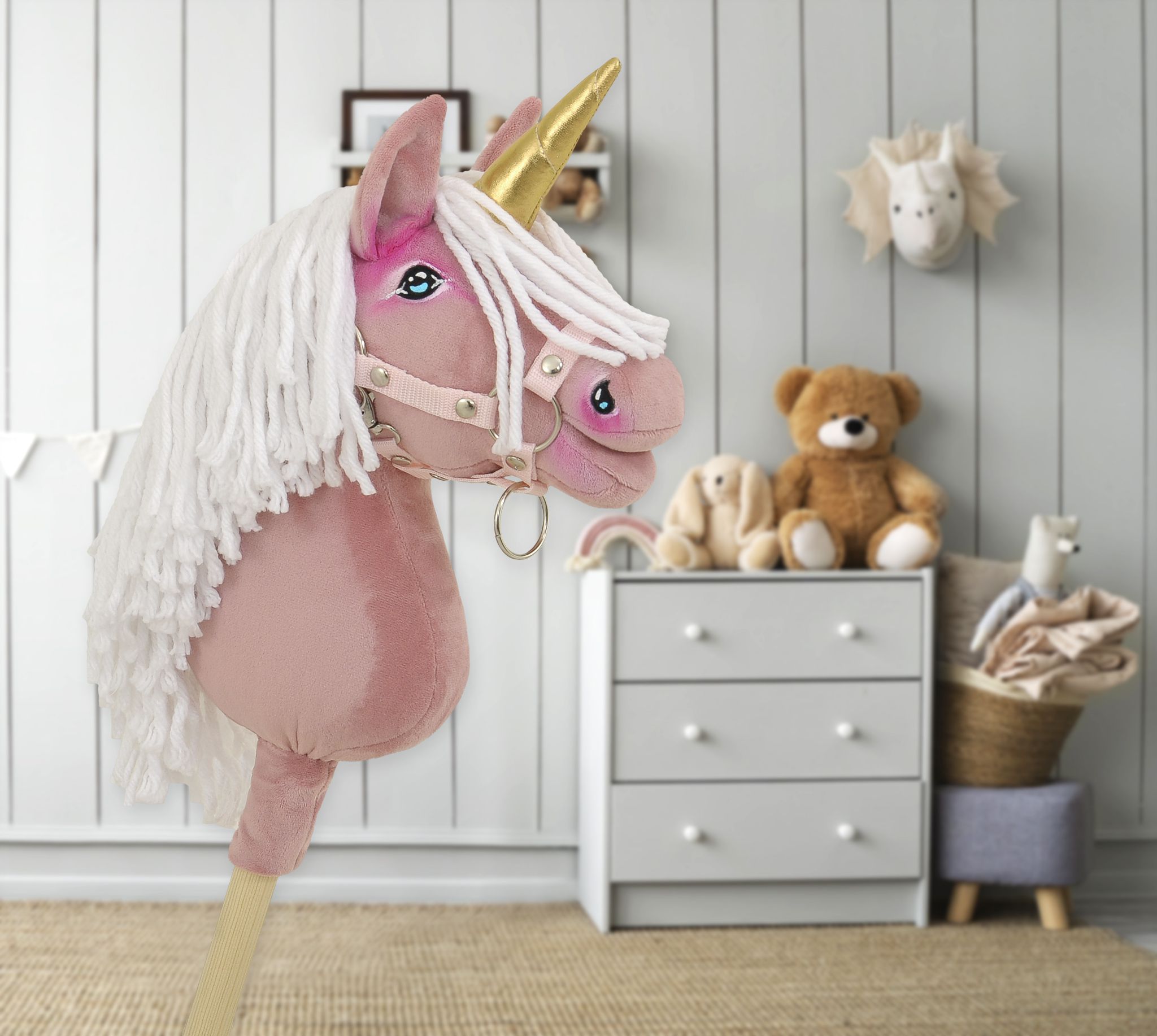 Hobby Horse Unicorn on a stick - pastel pink with white mane and golden horn A4
