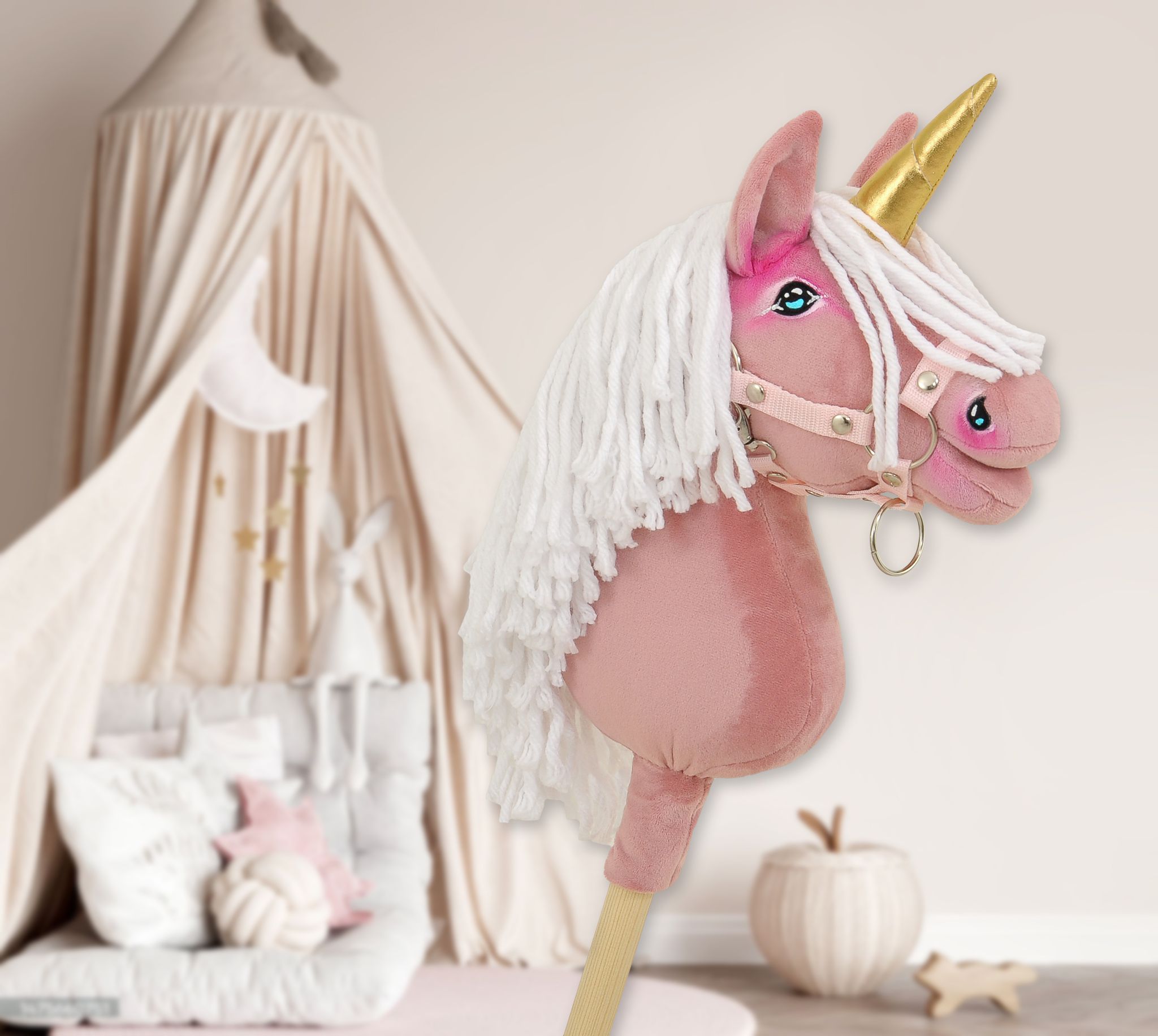 Hobby Horse Unicorn on a stick - pastel pink with white mane and golden horn A4