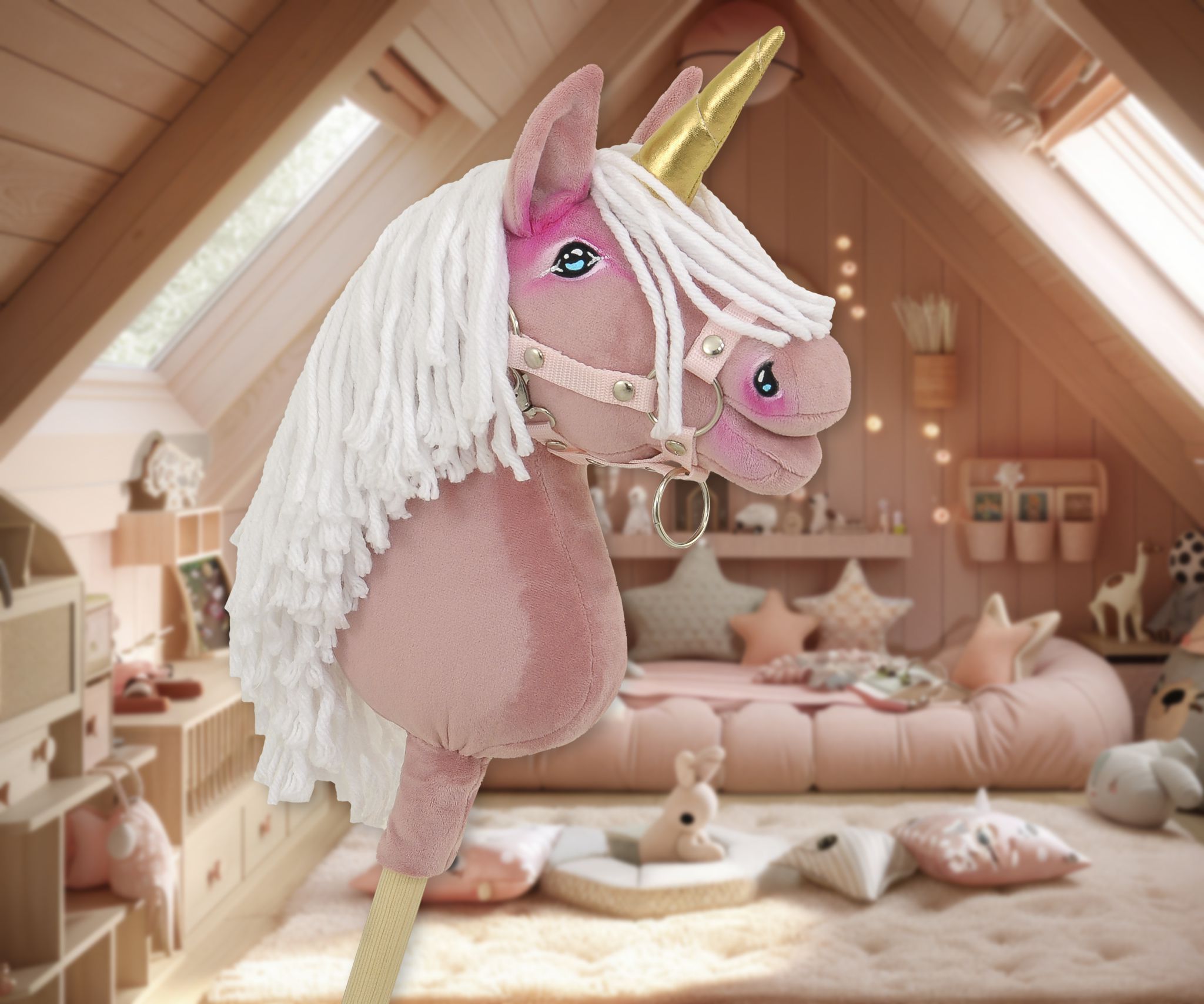 Hobby Horse Unicorn on a stick - pastel pink with white mane and golden horn A4