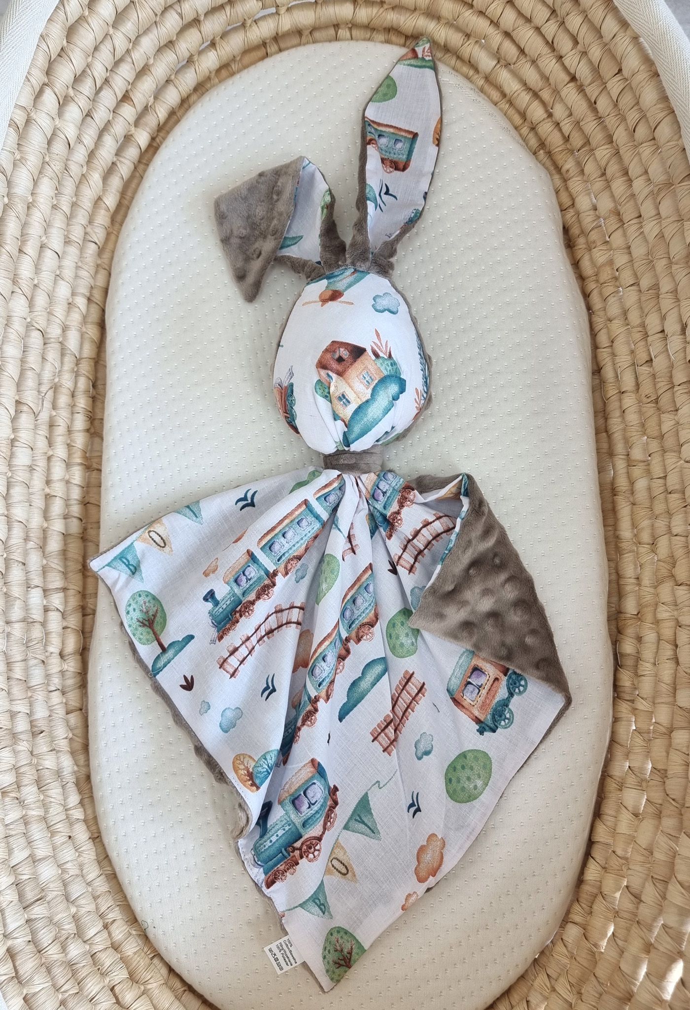 DOUDOU abpusējs mīļzaķītis no kokvilnas un minka auduma – tirkīza vilciens, pelēks