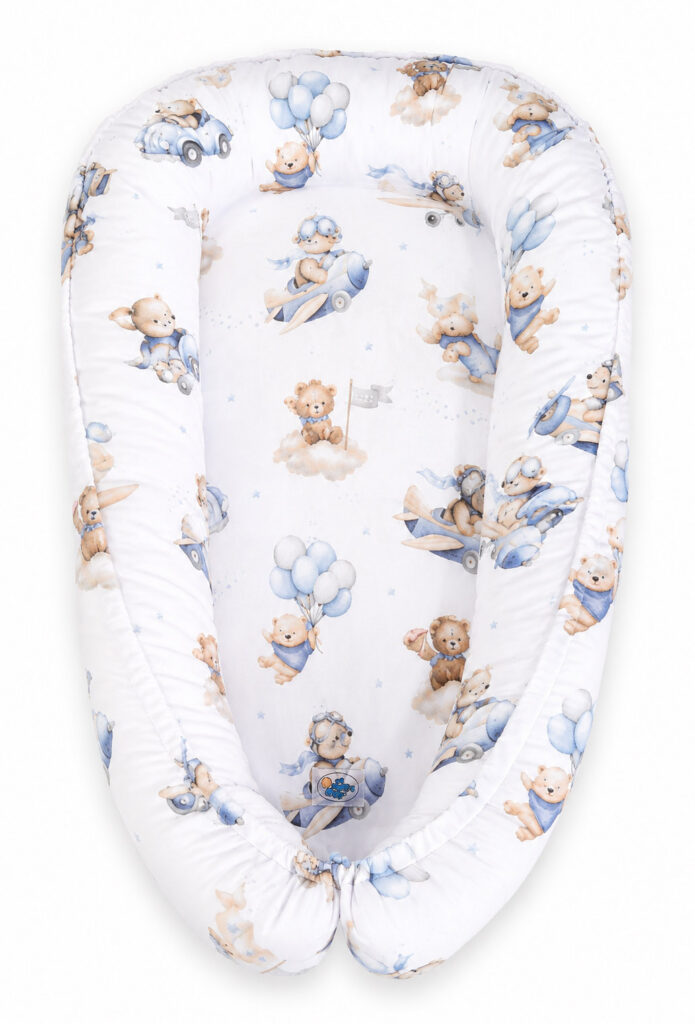 Divpusēja Premium mazuļa ligzdiņa jaundzimušajiem un zīdaiņiem MY SWEET BABY – zilās debesis ar lāčiem