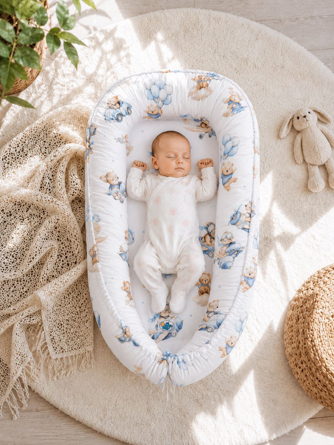 Divpusēja Premium mazuļa ligzdiņa jaundzimušajiem un zīdaiņiem MY SWEET BABY – zilās debesis ar lāčiem
