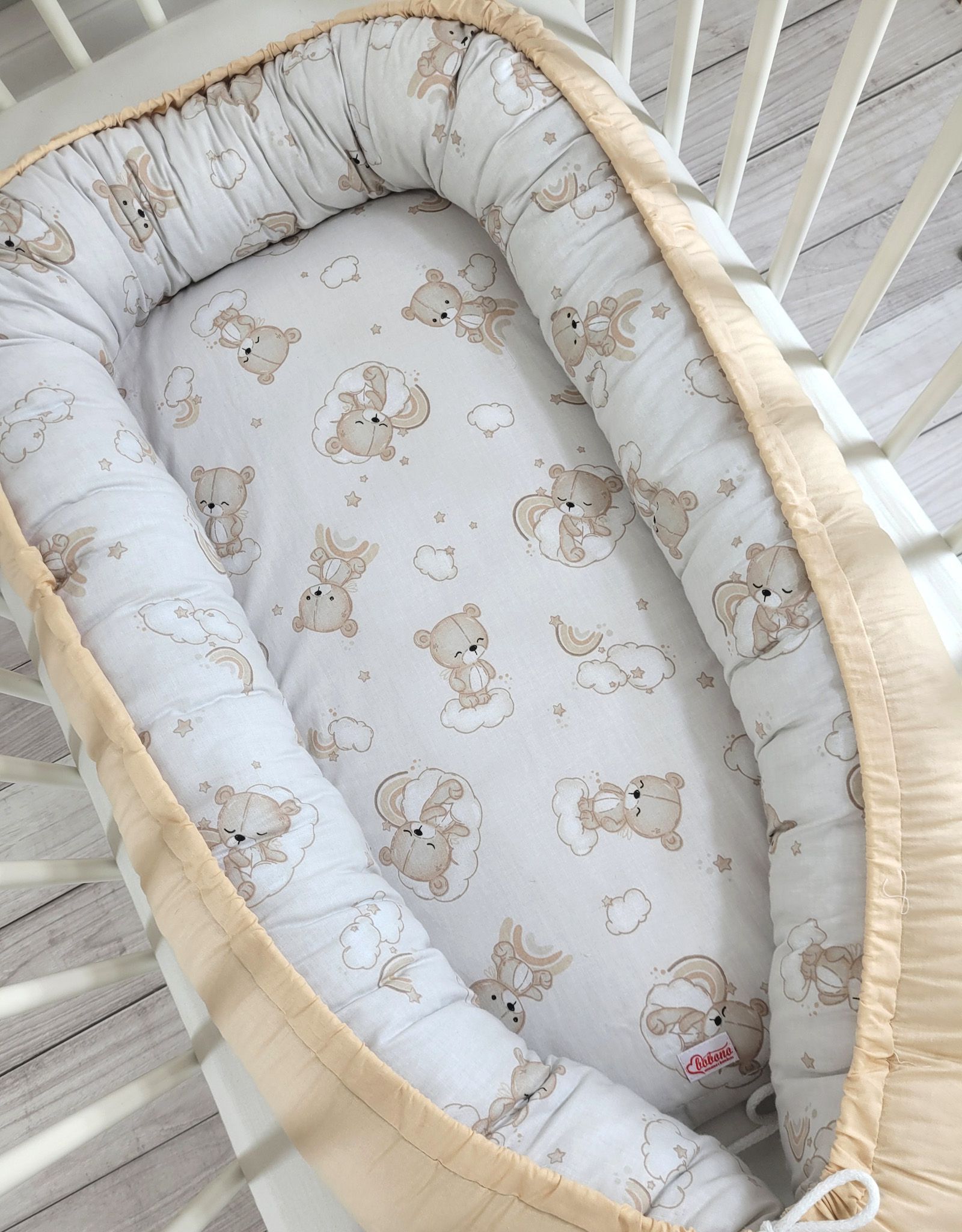 Baby nest double-sided Premium Cocoon for infants BOBONO- rainbow beige bear/ beige