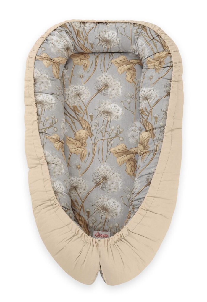 Baby nest double-sided Premium Cocoon for infants BOBONO- dandelions grey/ beige