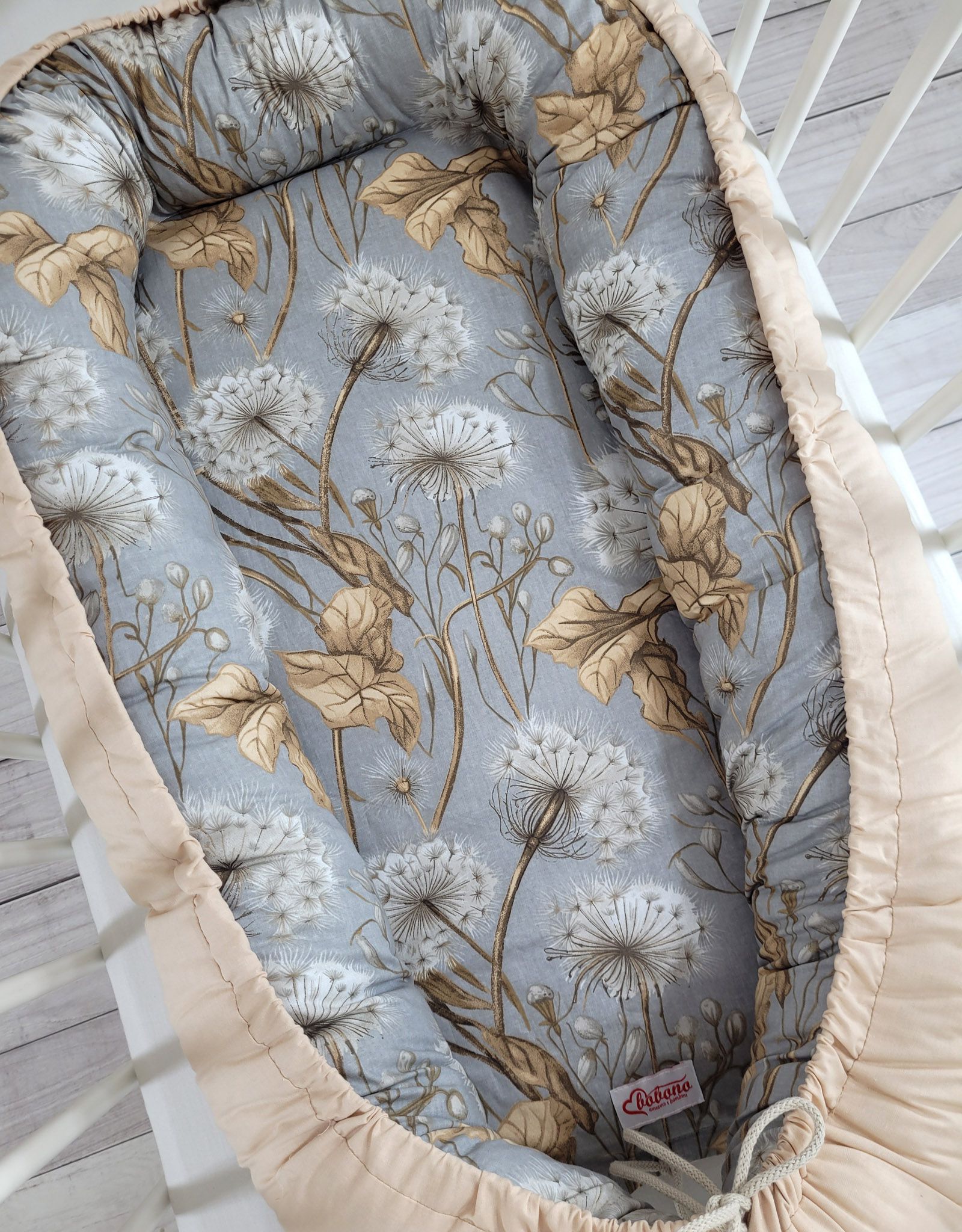 Baby nest double-sided Premium Cocoon for infants BOBONO- dandelions grey/ beige