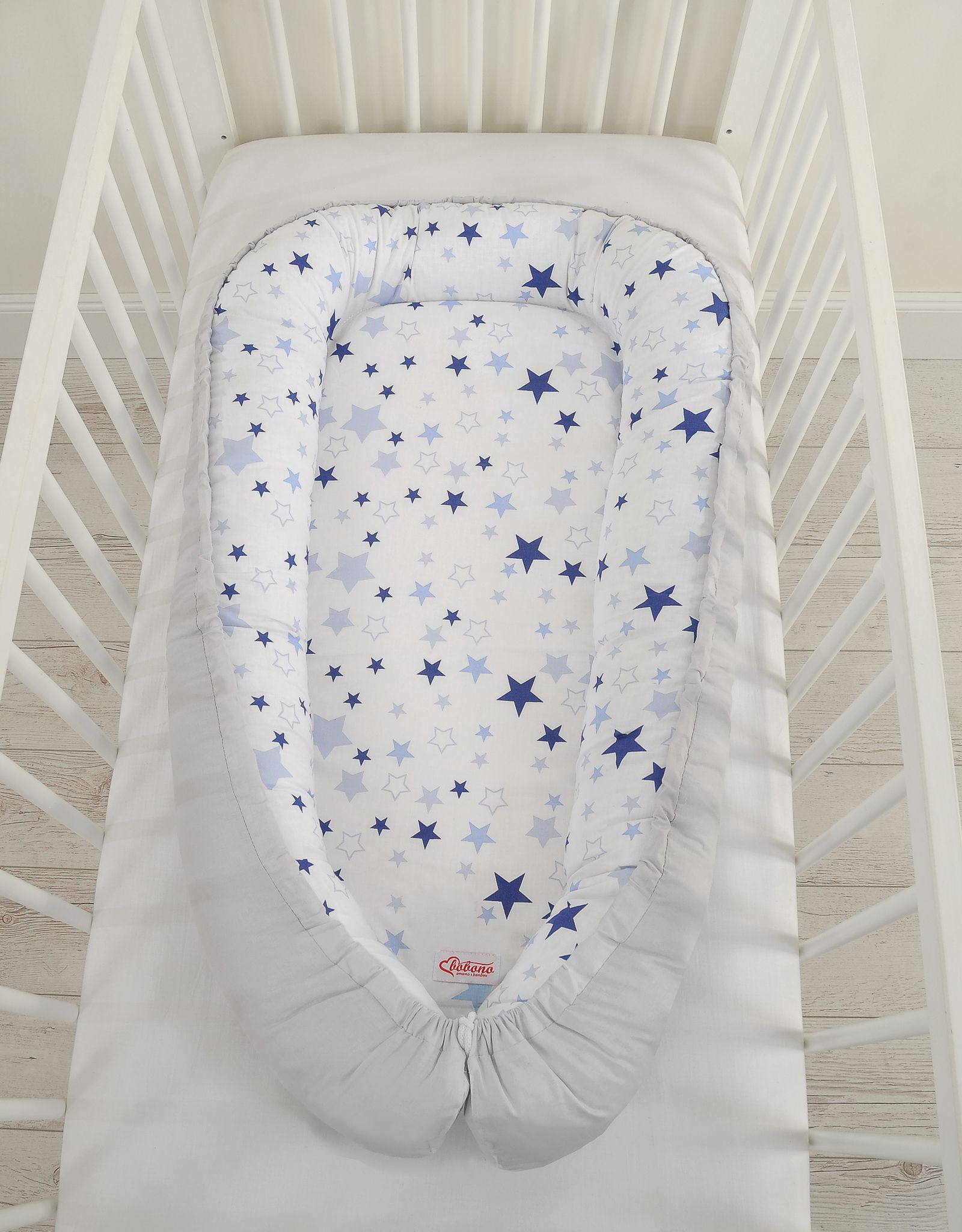 Baby nest double-sided Premium Cocoon for infants BOBONO- blue stars/gray